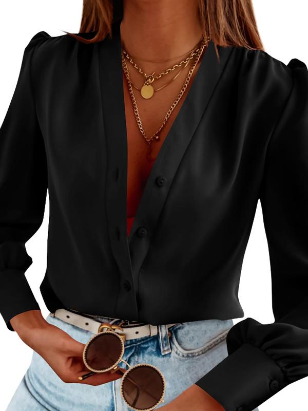 Women's Button Front Bishop Sleeve Vintage Blouse, Elegant V Neck Long Sleeve Shirts, Ladies Spring & Fall Top Clothes, Going Out Tops, Fall Clothes, Clothes for Women, Stockholm Style Black Girl