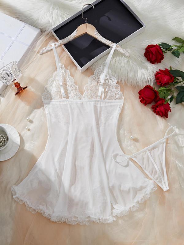 Women's Contrast Lace Bow Decor Tulle Cami Nightdress & Sheer Thong, Romantic Adjustable Spaghetti Strap Asymmetrical Hem V Neck Nightgown & Thong Set, Women's Sleepwear for All Seasons