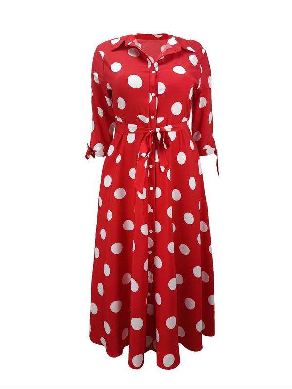 Plus Size Polka Dot Print Belted Button Front Shirt Dress, Elegant 3 4 Sleeve Tie Front High Waist Long Dress for Vacation Holiday Party, Women's Clothes for Summer, Back To School Outfit Moo Moo Dresses