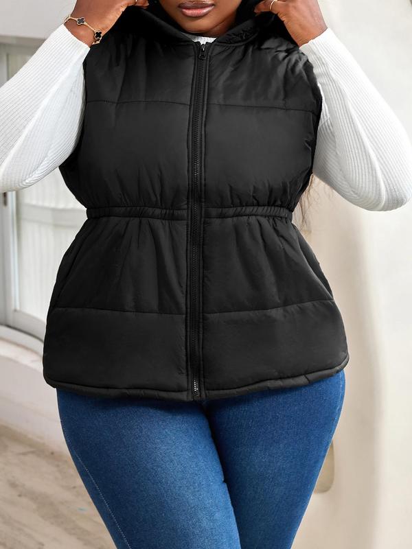 CURVZY Plus Size Solid Pocket Zipper Hooded Vest Coat, Casual Sleeveless Outerwear for Fall & Winter, Women's Clothes for Daily Wear