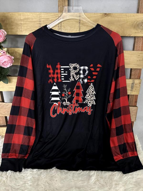  Christmas Tree & Plaid Print Raglan Sleeve Tee, Casual Long Sleeve Round Neck T-shirt for Spring & Fall, Women's Clothing for Daily Wear