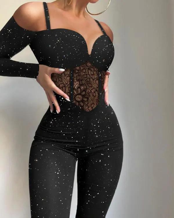 2024 Lace Hollow Fashion Jumpsuit Glitter Highlights Knitted Fabric Suspender Jumpsuit