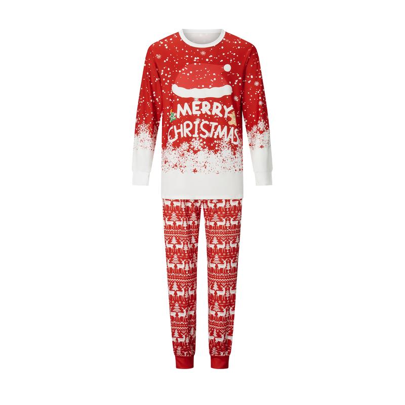 Red Christmas Family Pajamas Matching Set Letter Santa Hat Print Long Sleeve Tops and Elk Print Pants Sleepwear