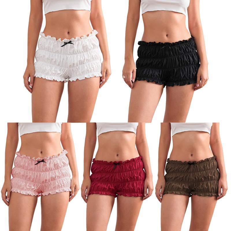 Women Ruffles Shorts Kawaii 3D Bow Lettuce Trim Elastic Waist Tiered Bloomers Shorts Cottage Y2K Aesthetic Retro Pettipants