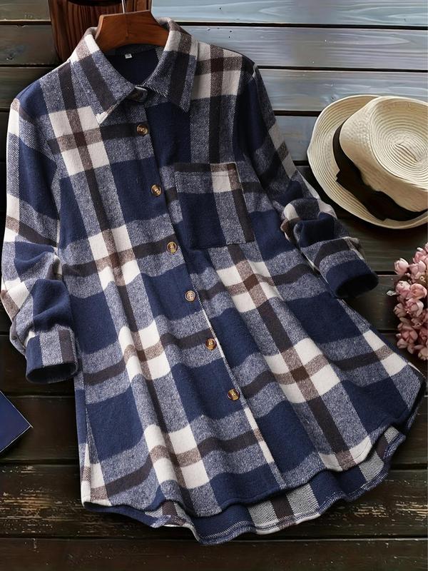 Women's Colorblock Plaid Print Button Front Curved Hem Shirt, Casual Long Sleeve Collared Pocket Top for Fall & Winter, Ladies Clothes for Daily Wear