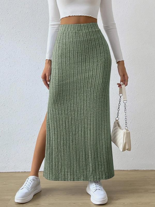 Women's Chic Minimalist Plain Split Thigh High Waist Bodycon Knitting Skirt, Lady Casual Comfy Long Skirt for Spring & Fall, Summer Skirts, Ladies Bottoms, Downtown Girl Clothes