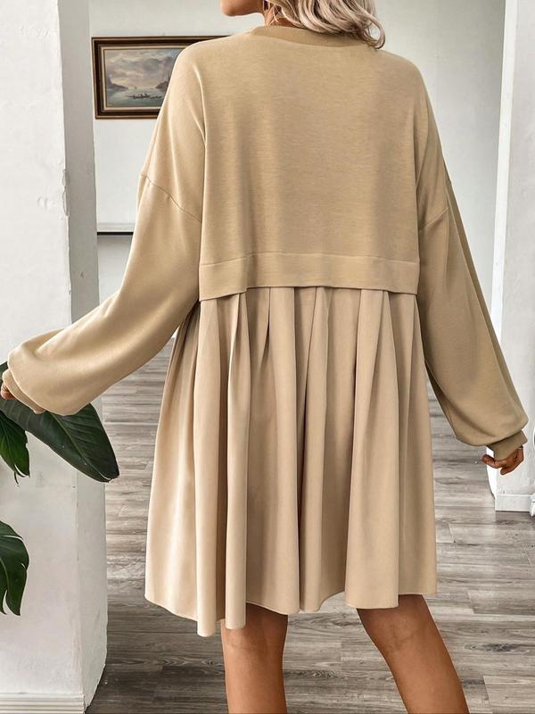 Women's 2 in 1 Patchwork Pleated Drop Shoulder Sweater Dress, Casual Long Sleeve Round Neck Short Dress for Spring & Fall, Women's Clothing for Daily Wear