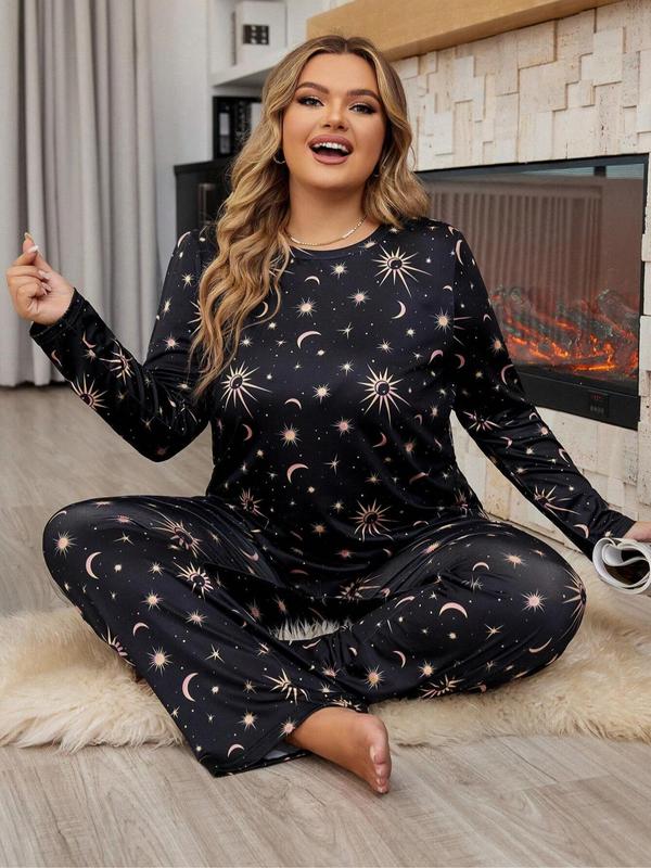  Two-Piece Set Star Print Long Sleeve Tee & Pants Pajama, Casual Comfy Round Neck Top & Trousers PJ Set, Women's Sleepwear for Spring & Fall