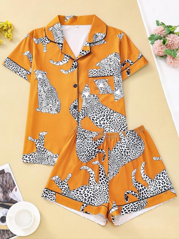 Two Pieces Women's Button Front Shirt & Elastic Waist Shorts Pyjama Set, Short Sleeve Lapel Top & Pj Pants Set, Homewear & Loungewear, Pajamas for Women, Back-to-school Clothing, Summer Wear 2024, Pj Sets for Women, Please Purchase A Size Up