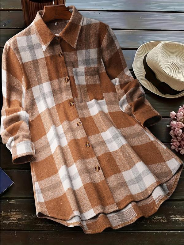 Women's Colorblock Plaid Print Button Front Curved Hem Shirt, Casual Long Sleeve Collared Pocket Top for Fall & Winter, Ladies Clothes for Daily Wear