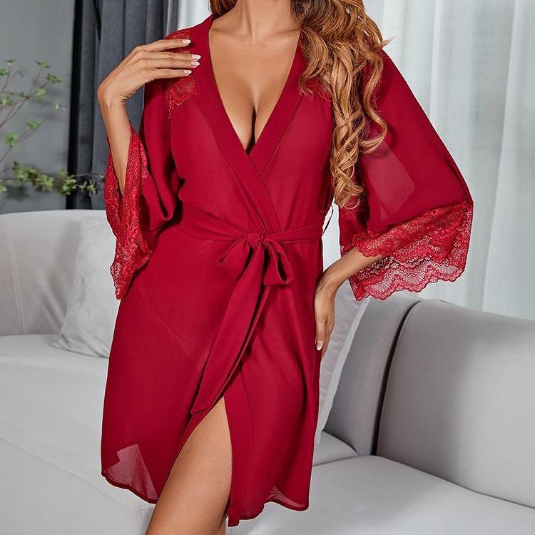 Three Colors Optional, W Robe + Belt, Chiffon Lace Patchwork Perspective Robe, New Europe And The United States Hot Pajamas Ladies Cardigan Robe, Black, White, Red Womenswear Gowns Loungewear Nightwear Women Comfort Basic Minimalist