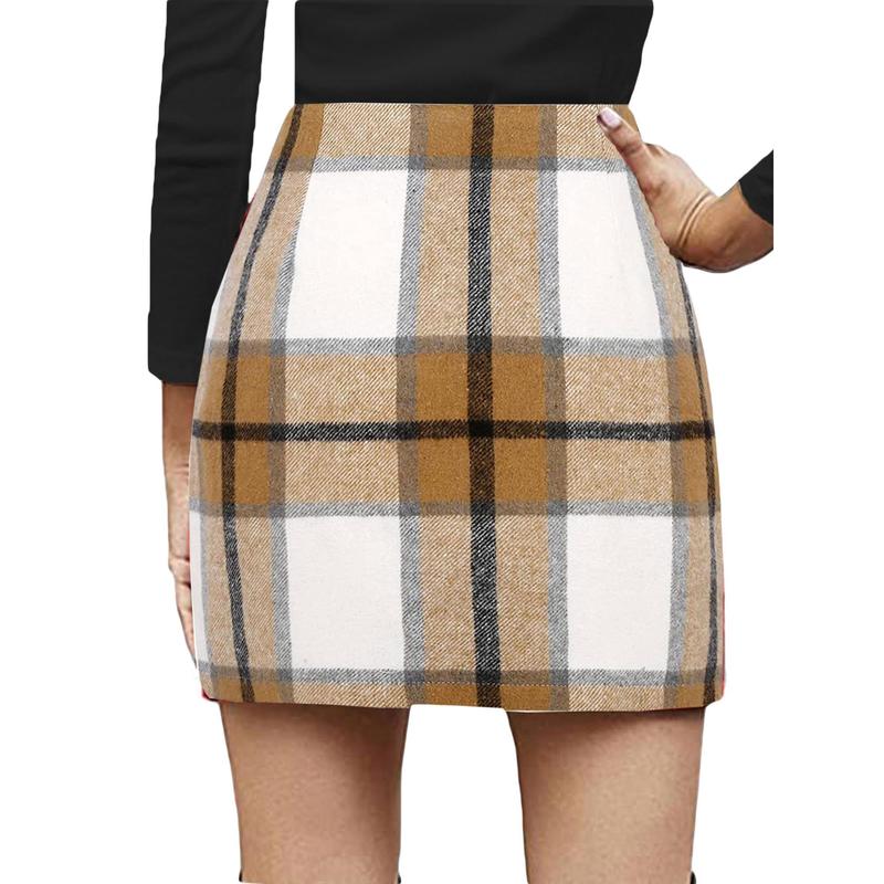 Women's Bodycon Mini Skirt, Classic Plaid Print High Waist Zip Up Wool Pencil Skirt