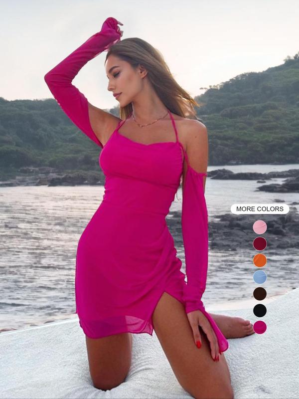 Women's Long Sleeve Cowl Neck Tie Back Halter Split Bodycon Mini Dress, Back To School Outfits for Christmas, Contrast Mesh Flounce Sleeve Tight Short Dresses for Summer, Summer Outfits 2024 Casual Wear