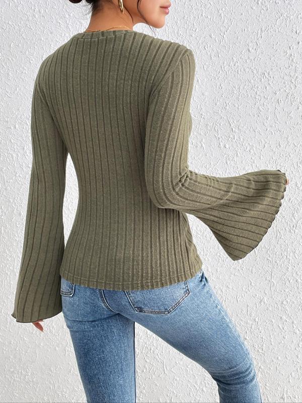 Women's Plain Lettuce Trim Flounce Sleeve Tee, Casual Long Sleeve Round Neck T-shirt for Fall, T Shirts for Women, Women's Fall Clothes, Downtown Girl Clothes