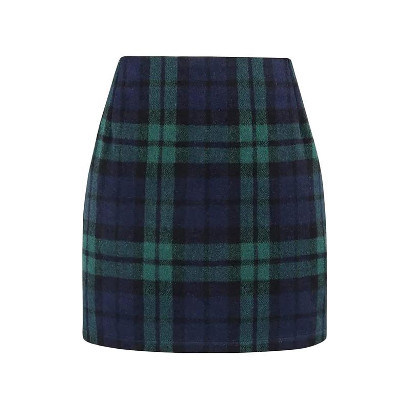 Women's Bodycon Mini Skirt, Classic Plaid Print High Waist Zip Up Wool Pencil Skirt