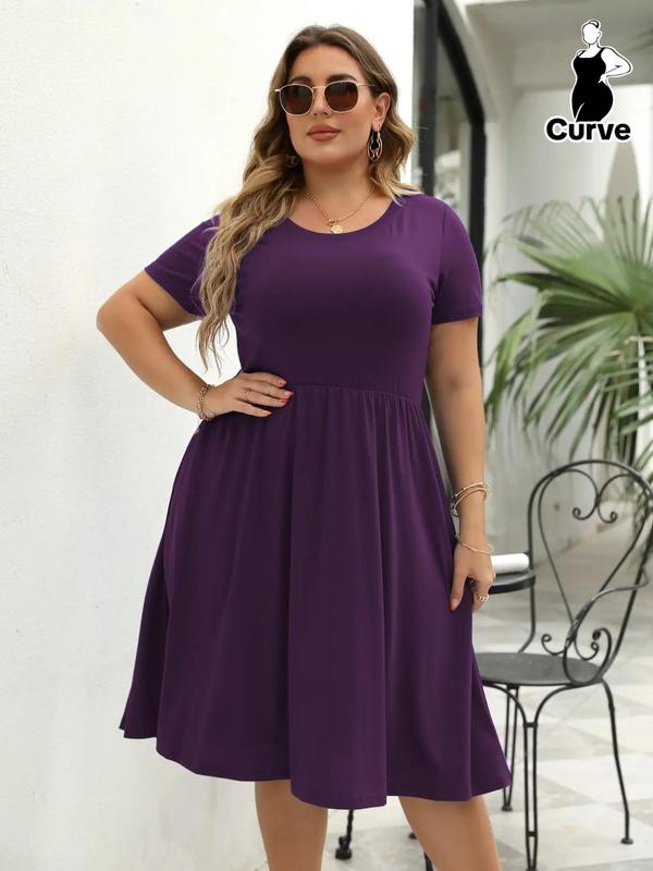  Plus Plain Pocket Round Neck Tee Dress, Summer Clothes Women, Women's Casual Short Sleeve A Line Dress for Summer, Dresses for Women, Lady Clothing for Daily Wear