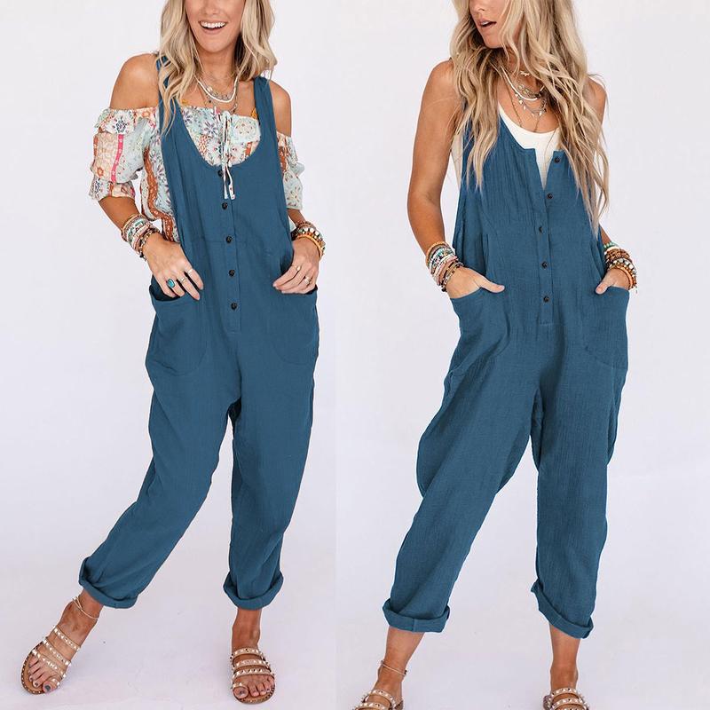 Yeokou Women's Overall Linen Cotton Jumpsuit Loose Casual Jumper with Pockets Womenswear Underwear