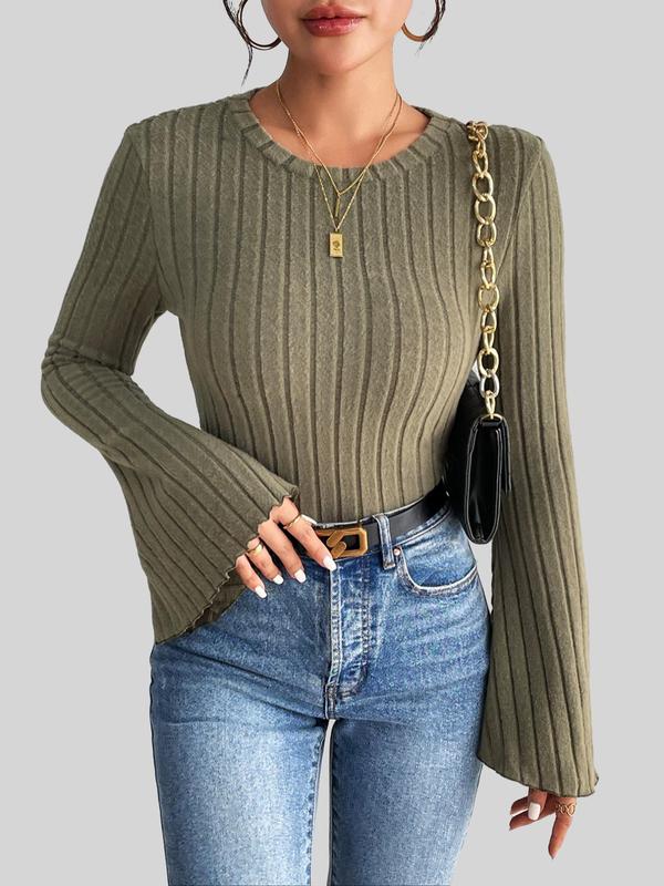 Women's Plain Lettuce Trim Flounce Sleeve Tee, Casual Long Sleeve Round Neck T-shirt for Fall, T Shirts for Women, Women's Fall Clothes, Downtown Girl Clothes