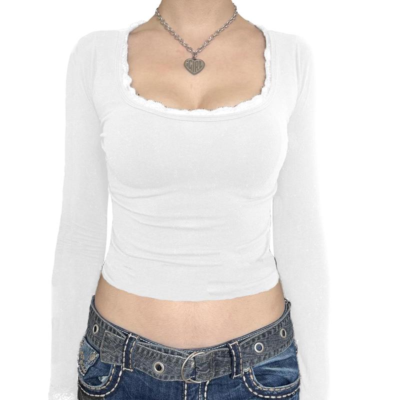 Women Lace Trim Short T-Shirts U-Neck Long Sleeve Shirts Spring Fall Slim Fit Tops Streetwear