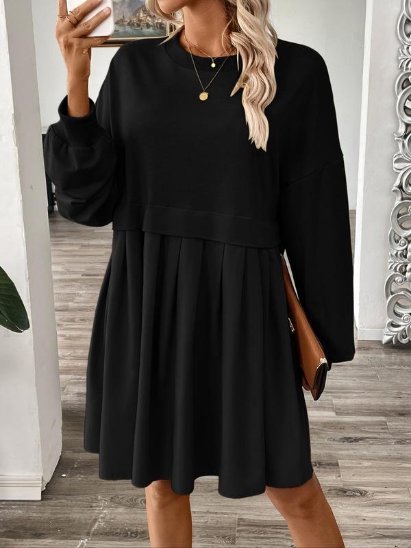 Women's 2 in 1 Patchwork Pleated Drop Shoulder Sweater Dress, Casual Long Sleeve Round Neck Short Dress for Spring & Fall, Women's Clothing for Daily Wear