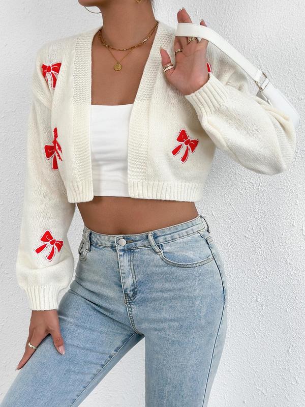 Women's Cartoon Bow Print Crew Neck Crop Sweater Cardigan, Casual Long Sleeve Open Front Knitwear for Spring & Fall, Fashion Women's Knit Clothing for Daily Wear