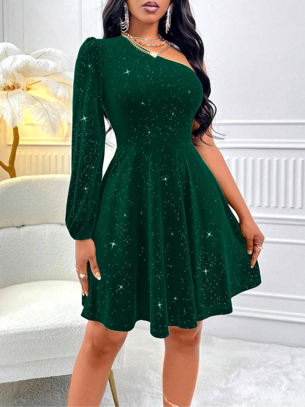 Women's Glitter One Shoulder Velvet Dress, Elegant Bishop Sleeve A Line Short Dress for Party Dating Wear, Ladies Clothes for All Seasons