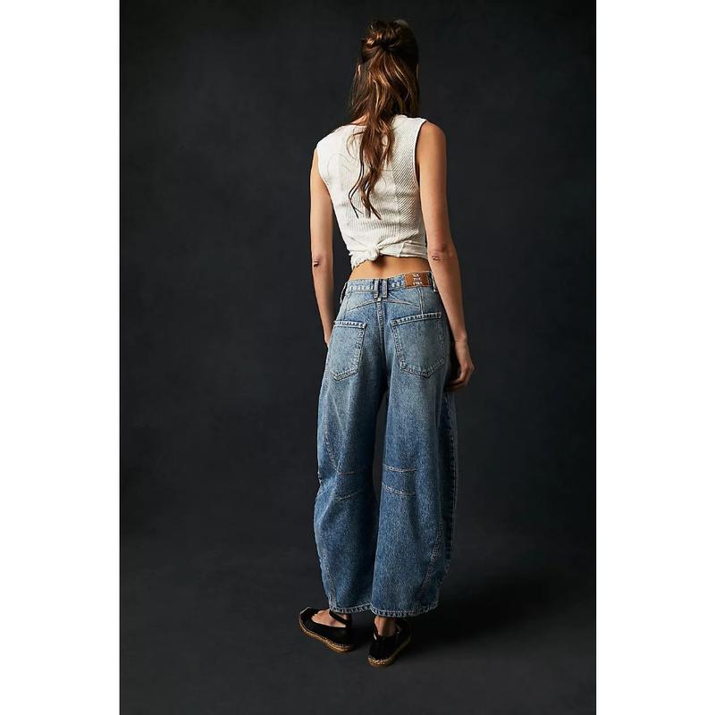 Mid Rise Barrel Jeans for Women Wide Leg Mid Waist Cropped Denim Pants Y2k Baggy Boyfriend Jeans with Pockets casual jean