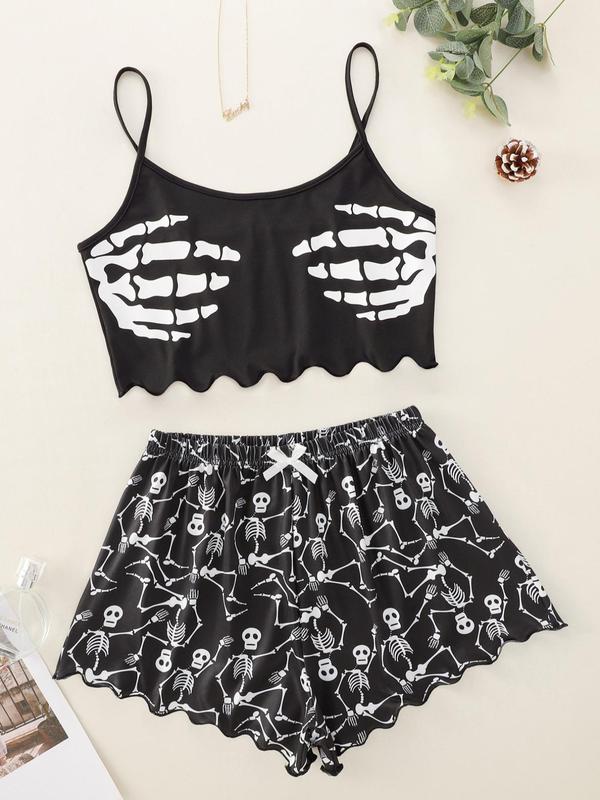 Women's Halloween Skull Print Summer Lounge Co-ord Set, Casual Crop Cami Top & Bow Front Elastic Waist Shorts, Halloween Pajamas, Summer Pajama Set, Summer Wear 2024, Women Nightwear, 90s Clothes, Spirit Halloween 2024