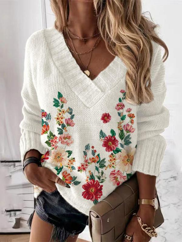 Women's Floral Print Drop Shoulder V Neck Sweater, Casual Long Sleeve Jumper for Fall & Winter, Fashion Ladies' Knitwear for Daily Wear