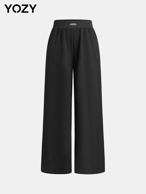 YOZY [4 colors] Pleated Letter Patched Wide Leg Pants  Casual Comfy Elastic High Waist Trousers, 2024 Women's Bottoms for All Seasons