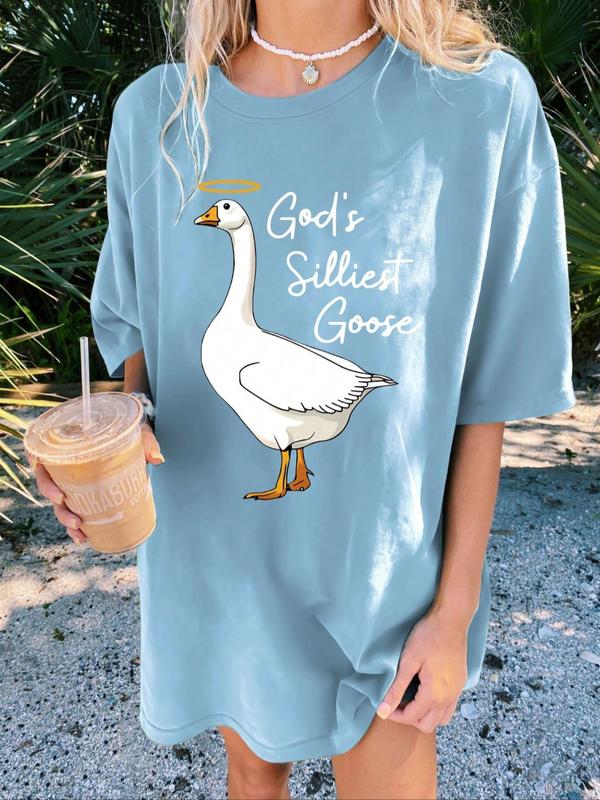 Women's Cartoon Goose & Letter Print Drop Shoulder Vintage Graphic Tees, Summer Tees, T Shirts for Women, Casual Half Sleeve Round Neck T-shirt for Summer, Ladies Clothes for Daily Wear