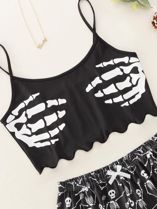 Women's Halloween Skull Print Summer Lounge Co-ord Set, Casual Crop Cami Top & Bow Front Elastic Waist Shorts, Halloween Pajamas, Summer Pajama Set, Summer Wear 2024, Women Nightwear, 90s Clothes, Spirit Halloween 2024