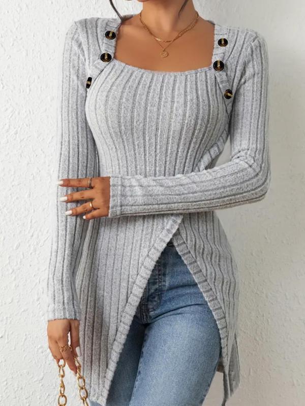 Plus Size Solid Textured Button Asymmetrical Knit Top, Casual Long Sleeve Square Neck Jumper for Daily Outdoor Wear, Women Plus Clothing for All Seasons