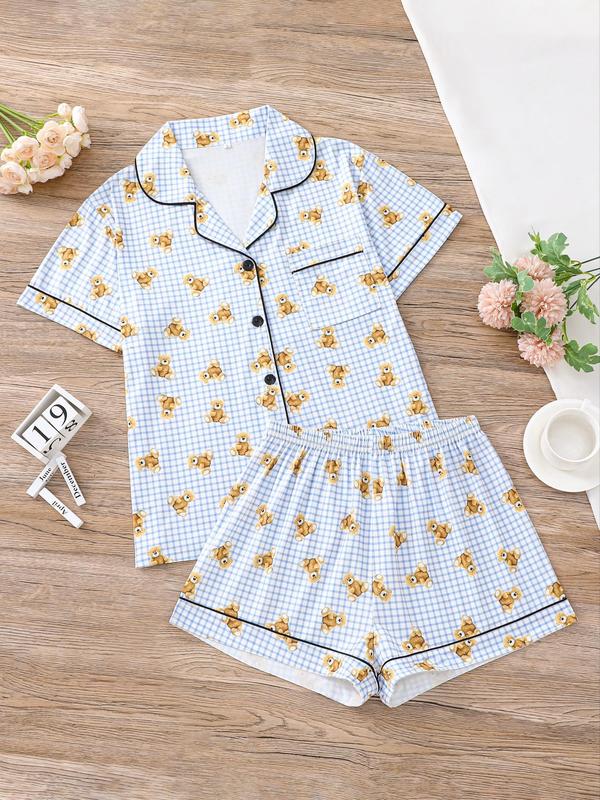 Two Pieces Women's Button Front Shirt & Elastic Waist Shorts Pyjama Set, Short Sleeve Lapel Top & Pj Pants Set, Homewear & Loungewear, Pajamas for Women, Back-to-school Clothing, Summer Wear 2024, Pj Sets for Women, Please Purchase A Size Up