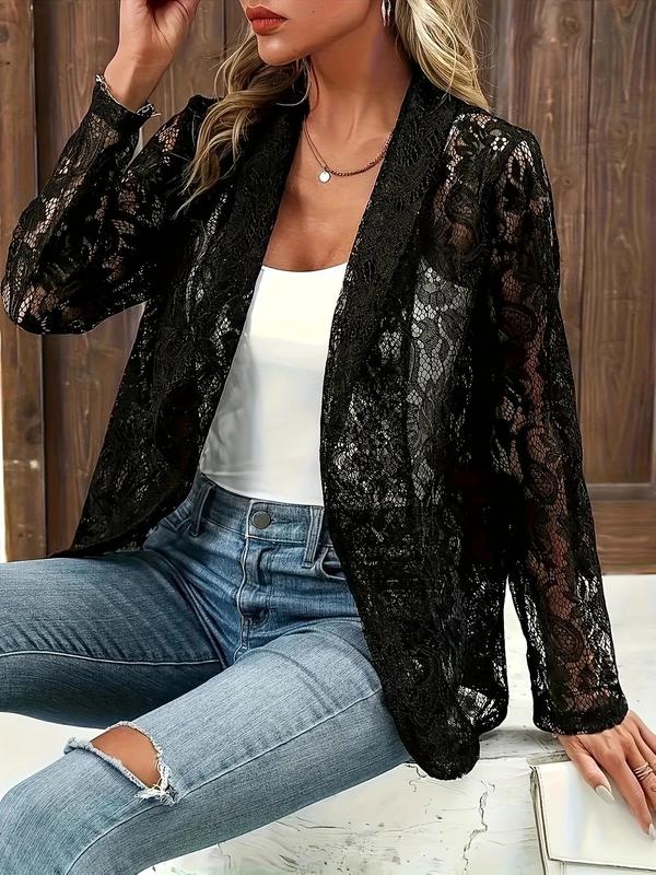 Womenswear  Floral & Paisley Pattern Hollow Out Shawl Collar Coat, Minimalist 3 4 Sleeve Open Front Outerwear for Spring & Fall, Women's Clothes for Daily Wear