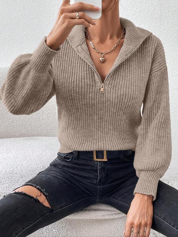 Women's Plain Half Zip Drop Shoulder Sweater, Casual Long Sleeve Collared Jumper for Spring & Fall, Fashion Women's Knitwear for Daily Wear, Fall Outfits, Fallfreshness, Vintage Clothing, Sweaters for Women, Fall Women's Clothing