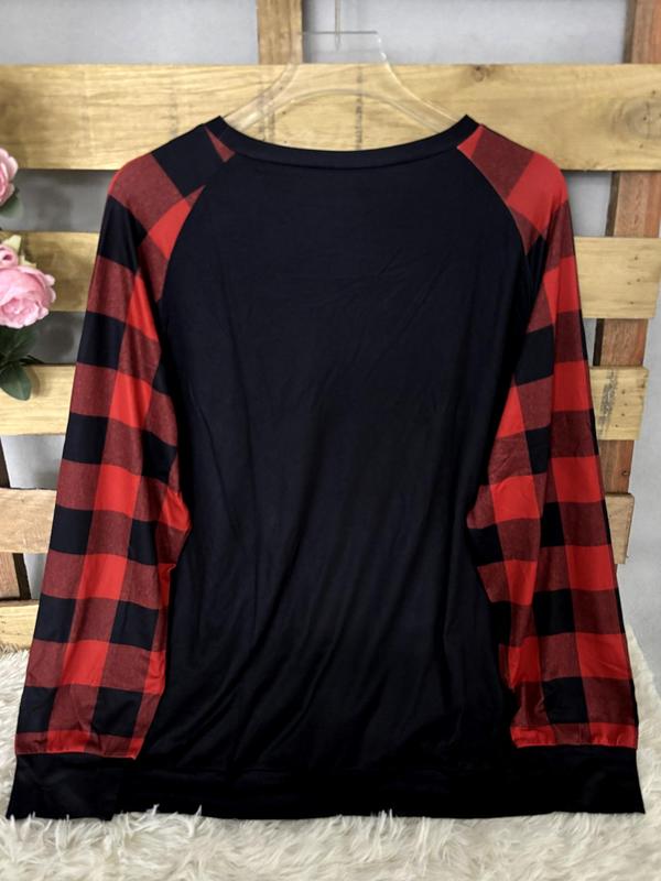  Christmas Tree & Plaid Print Raglan Sleeve Tee, Casual Long Sleeve Round Neck T-shirt for Spring & Fall, Women's Clothing for Daily Wear