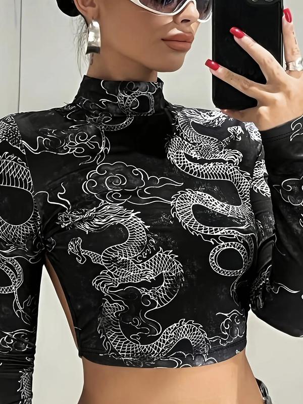 Women's Dragon Print Tie Back Crop Top, Streetwear 2000s Y2K Cut Out High Neck T-shirt for Daily Wear, Ladies Clothes for All Seasons