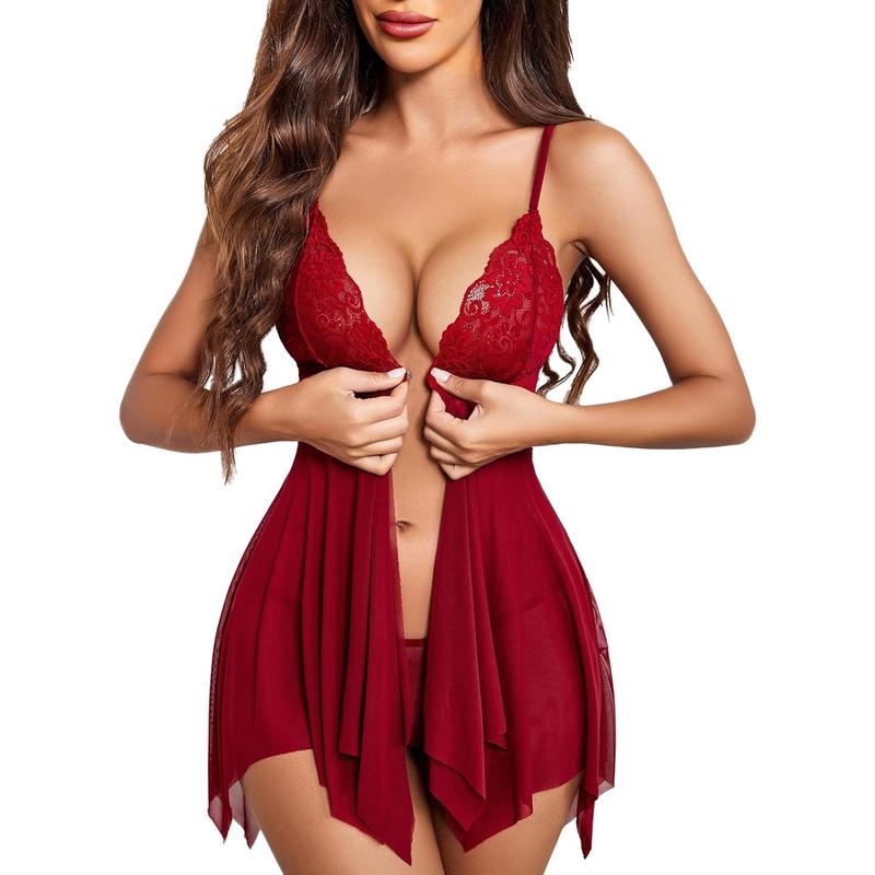 Women Lace Lingerie Front Closure doll V Neck Nightwear Sexy Chemise Nightie