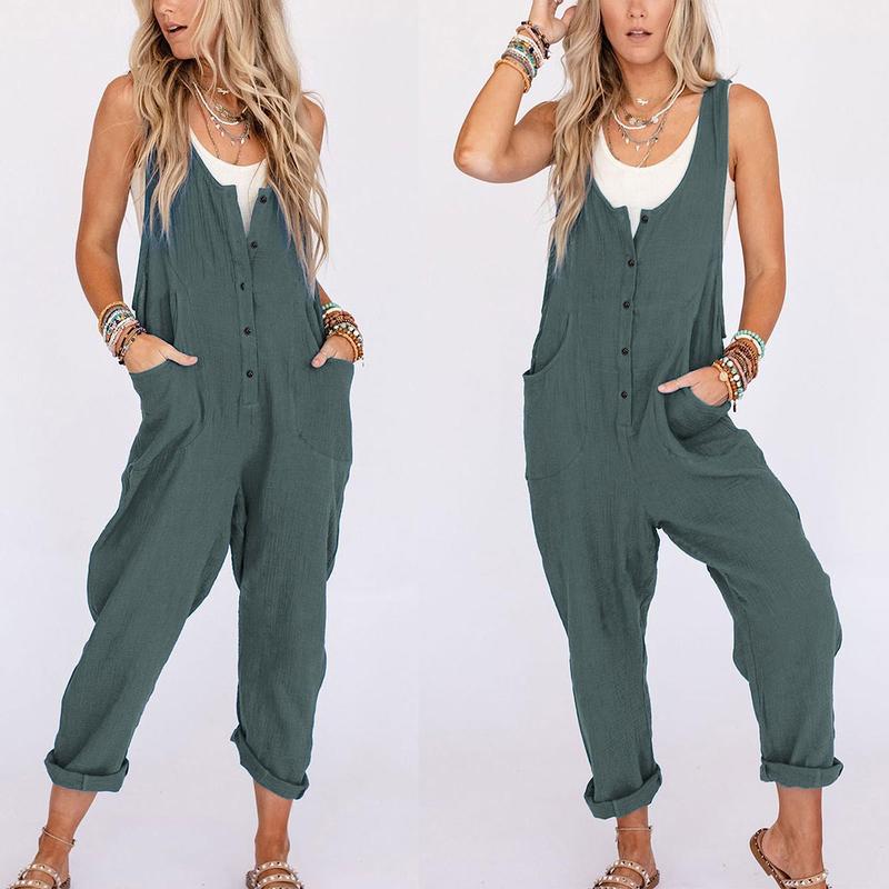 Yeokou Women's Overall Linen Cotton Jumpsuit Loose Casual Jumper with Pockets Womenswear Underwear