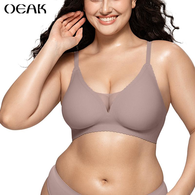 OEAK Women Wavy Neckline with Mesh Seamless Back-Clasp Bras Push Up Wireless Bralettes Soft V Neck Full Coverage Everyday Brassiere