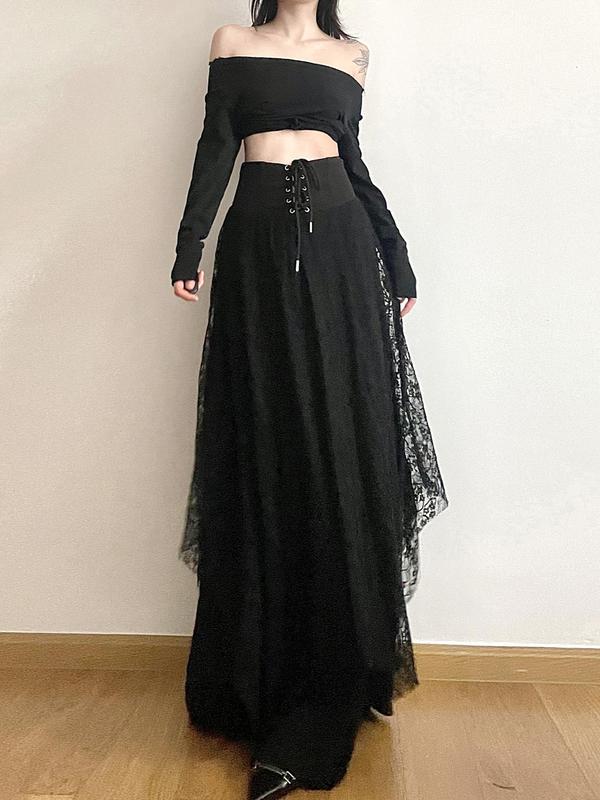 Women's Goth Solid Color Tiered Layer Asymmetrical Hem Maxi Lace Skirt, Street Fashion Y2K Lace Up Grommet Eyelet High Waist A Line Skirt for Daily Outdoor Wear, Ladies Bottoms for All Seasons