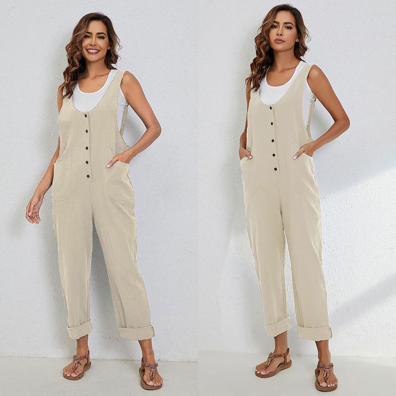 Yeokou Women's Overall Linen Cotton Jumpsuit Loose Casual Jumper with Pockets Womenswear Underwear