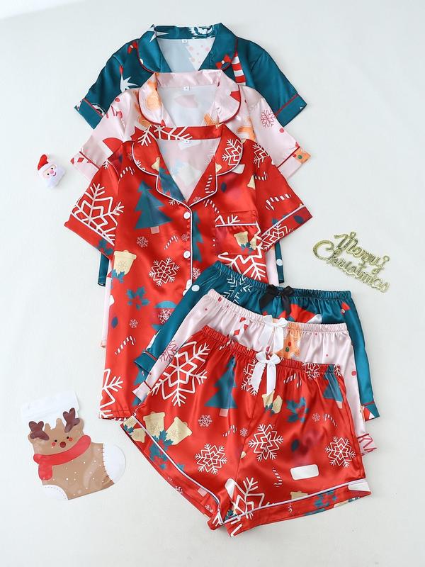 Women's Christmas Print Lapel Neck Button Front Shirt & Bow Elastic Waist Shorts Pyjama Set, Casual Comfy Short Sleeve Pocket Top & Shorts Pj Set, Christmas Pajamas, Ladies Summer Sleepwear