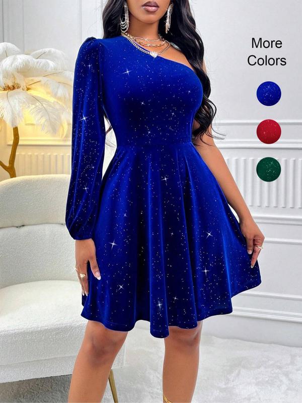 Women's Glitter One Shoulder Velvet Dress, Elegant Bishop Sleeve A Line Short Dress for Party Dating Wear, Ladies Clothes for All Seasons