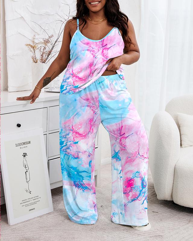 Plus Size Tie Dye Print Spaghetti Strap Pajamas Set comfy pajamaset cold wash multicolor2 Loungewear Nightwear