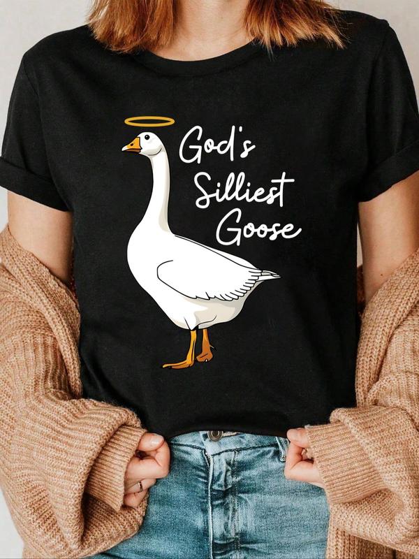 Women's Cartoon Goose & Letter Print Drop Shoulder Vintage Graphic Tees, Summer Tees, T Shirts for Women, Casual Half Sleeve Round Neck T-shirt for Summer, Ladies Clothes for Daily Wear