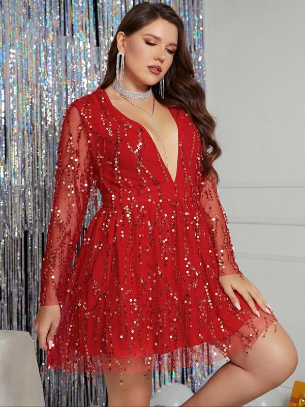 Plus Size Glitter Sequin Deep V Neck Sheer A Line Party Dress, Sexy Womenswear, Elegant Long Sleeve Short Dress for Party & Banquet, Women's Plus Size Clothes for Spring & Fall, Dresses for Women, Plus Size Dress Christmas