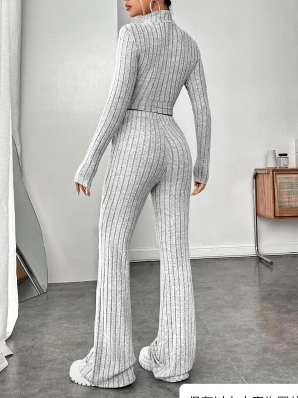 Women's Striped Ribbed Crop Top & Elastic Waist Pants Loungewear Two-piece Set, Casual Comfy Long Sleeve High Neck Top & Trousers Set, Ladies Sleepwear for Fall & Winter, Autumn Wear