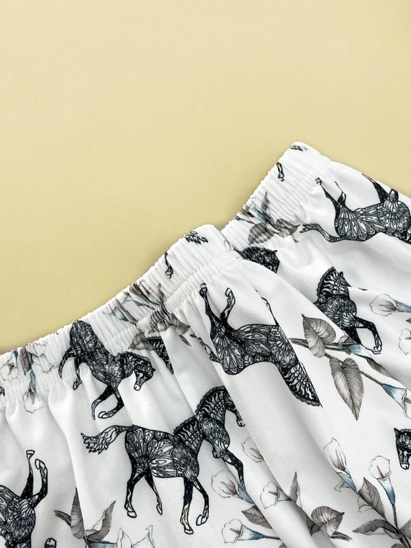 Women's All Over Horse & Floral Print Pyjama Set, Casual Lapel Button Front Short Sleeve Shirt & Elastic Waist Shorts, Summer Sleepwear Set for Women